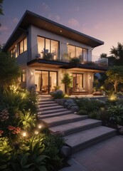 Fototapeta premium Evening glow illuminates stylish home exterior, lush landscaping , house, trees
