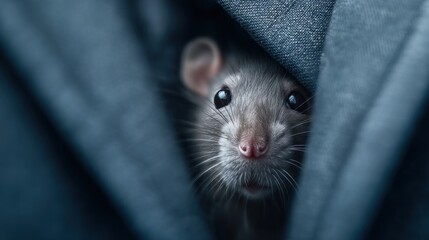 rat with shiny fur and bright eyes peeks out playfully from the inner pocket of a dark jacket, showcasing its inquisitive nature in an indoor environment
