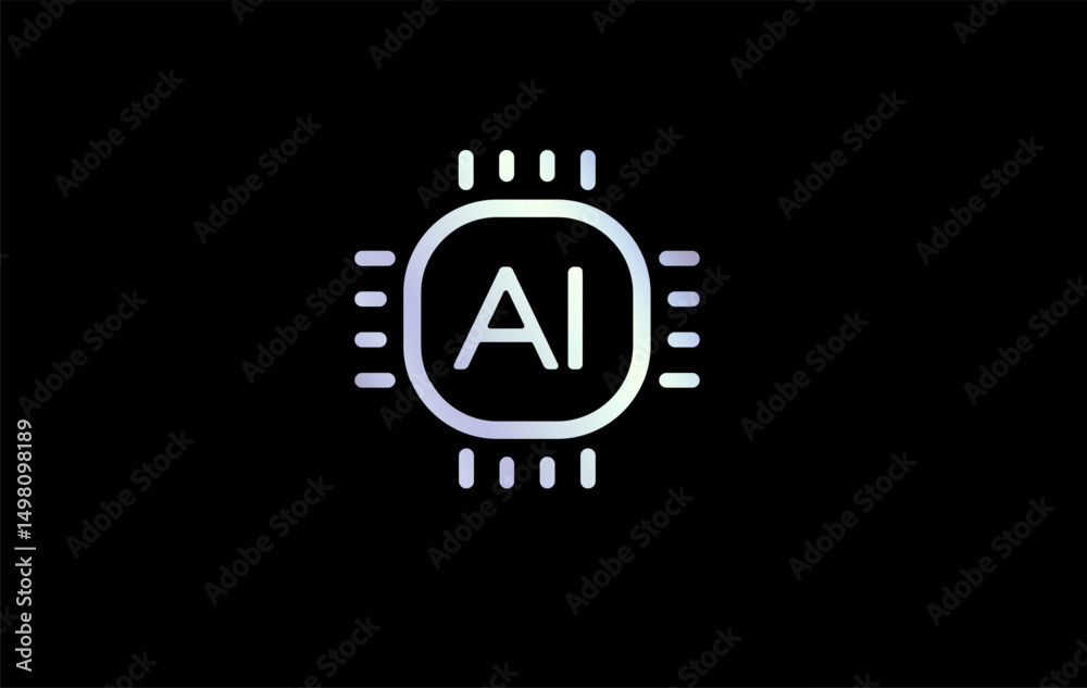 Poster AI chip logo with futuristic microprocessor icon and tech glow. Suitable for artificial intelligence apps, machine learning, smart tech branding. Clean minimal symbol. Vector illustration.