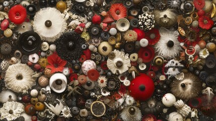 A diverse collection of objects, including buttons, beads, shells, and feathers, arranged in a visually striking composition.