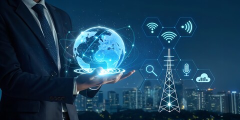 Futuristic digital communication concept with businessman holding a glowing globe over a tablet, city skyline and network icons
