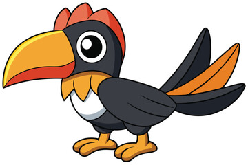 Cartoon Bird Illustration Orange Beak, Black Feathers, Red Crest and Legs, Tropical Bird