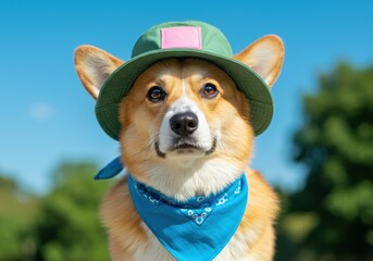A cute corgi dog with a hat and bandana looking at the camera against a bright blue sky.