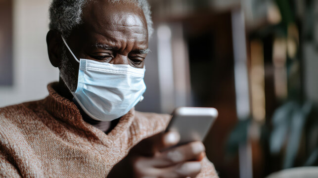 The Senior's Glance: An older gentleman, adorned with a face mask, intensely studies his smartphone, portraying a moment of focus and technological engagement, a poignant reflection of modern life.