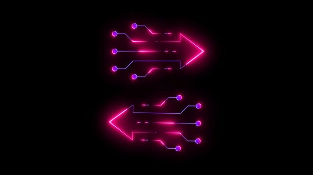 Glowing neon colorful Abstract double arrow icon with left and right side animation. digital technology neon motion graphic loop. 4k video