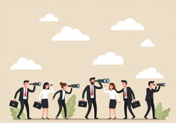 Fototapeta premium Group of business people looking through telescopes on a beige background with clouds