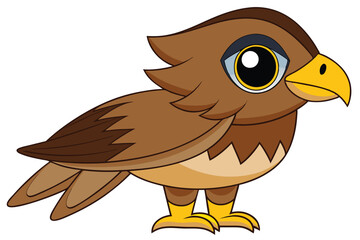 Cartoon Brown Hawk with Yellow Beak and Feet Standing, Feathered Wings Showing