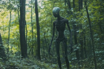 Fototapeta premium Mysterious alien being discovered in a dense forest during twilight, An alien stands in the middle of a dense forest The alien is tall and slender