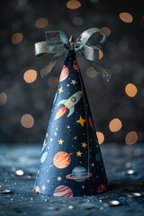 Rocket-themed school cone on dark background