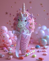 Fantasy unicorn Schultüte with pastel candy and school supplies
