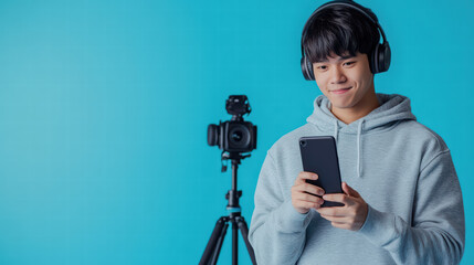 Content Creator with Headphones: An Asian individual, equipped with headphones and a smartphone, stands confidently alongside a camera mounted on a tripod.