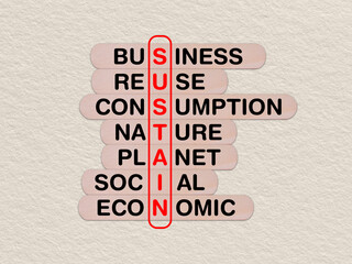 concept word sustain, crossword written on wooden stick, business sustain concept with copy space