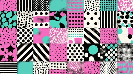 A patchwork of squares and rectangles in various patterns and colors.