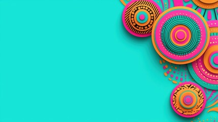 A vibrant abstract design featuring overlapping circles in various colors and patterns.