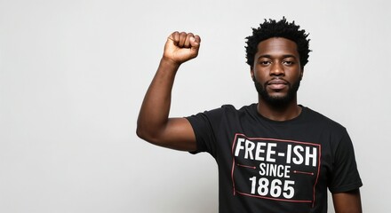 African American man raising fist in solidarity, Free-ish Since 1865 t-shirt, Juneteenth Day, against white background, for social justice campaigns, with copy space