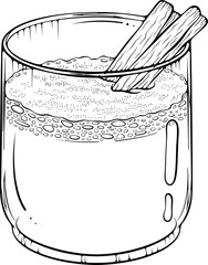 Glass of eggnog topped with cinnamon sticks. Traditional winter holiday drink. Vector illustration in hand drawn sketch doodle style. Line art isolated on white for coloring book, print