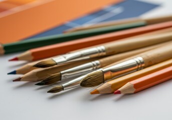 Obraz premium Artistic composition featuring colorful pencils and paintbrushes arranged on a white surface.