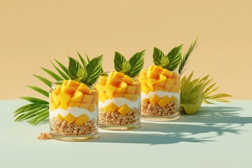 Layered Mango and Coconut Parfait in Clear Glass Jars, AI Generated