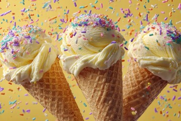 Melting Ice Cream Scoops in Waffle Cones on Pastel Yellow Background, AI Generated