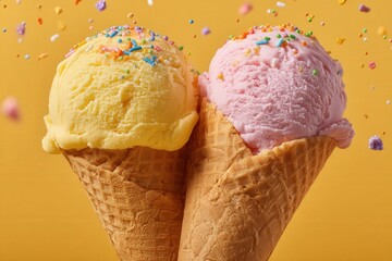 Melting Ice Cream Scoops in Waffle Cones on Pastel Yellow Background, AI Generated