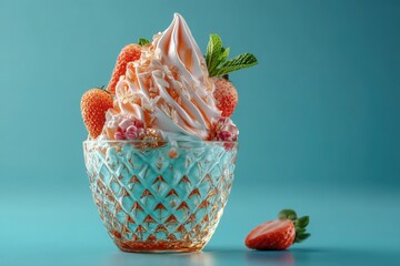 Vanilla Soft Serve Ice Cream with Fruit Toppings in Textured Glass Cup, AI Generated