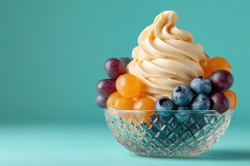 Vanilla Soft Serve Ice Cream with Fruit Toppings in Textured Glass Cup, AI Generated