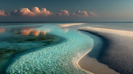 Mystic Idyllic Sandbar with Enchanting Bokeh under Pastel Skies between Crystalline Archipelagos