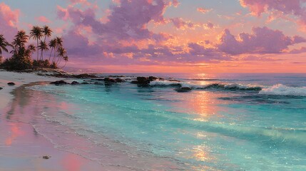 Mesmerizing Tropical Beach Sunset with Clear Waters, Artistic Flourishes, and Glowing Reflections Over Soft Sands