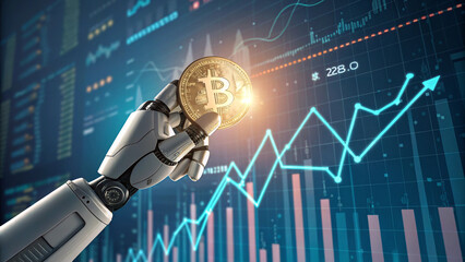 Robotic hand holding a bitcoin against the background of financial charts, AI