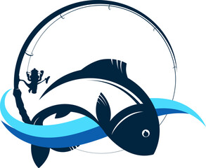 Fish on blue wave and curved fishing rod