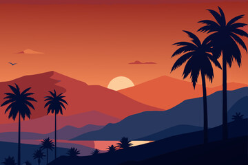 Tropical beach sunset with palm tree silhouettes against a vibrant sky