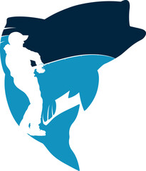 Silhouette of fish and fisherman with fishing rod, design for fishing