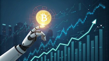 Robotic hand holding a bitcoin against the background of financial charts, AI