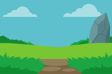 Obraz premium A vector illustration of a summer landscape with green trees, hills, and a blue sky with clouds