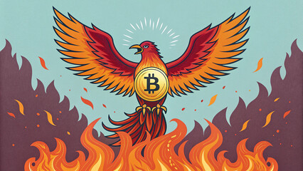 A phoenix rising from flames with a Bitcoin symbol on its chest, symbolizing market surge, AI