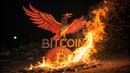 A phoenix rising from flames with a Bitcoin symbol on its chest, symbolizing market surge, AI