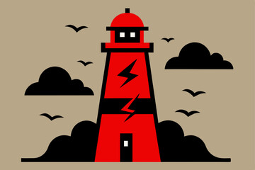 Beacon of light from a tower on the beach at sunset, an architectural travel illustration