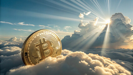 A golden Bitcoin coin breaking through clouds with beams of sunlight, symbolizing growth and success, AI