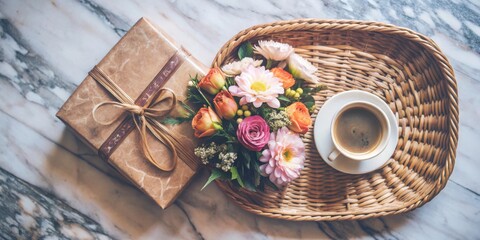 A simple gift of a wrapped present, fresh flowers, and a steaming cup of coffee on a woven tray, resting on a white marble surface.