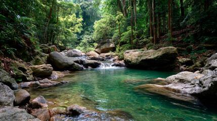 Naklejka premium Clear Tropical River in Rainforest with Mossy Rocks, Waterfall, Lush Greenery and Serene Jungle Ambience