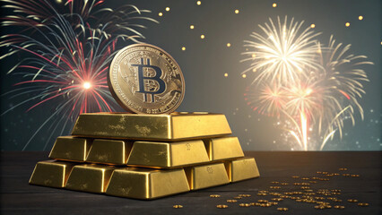 bitcoin on top of gold bars, with fireworks, symbolization, value, appreciation and growth, AI