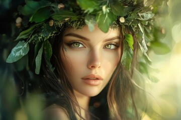Forest guardian goddess embodies nature's beauty with captivating green eyes and leafy crown, a beautiful woman like a forest guardian goddess