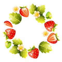A vector illustration of a round frame made of strawberries, green leaves, and flowers. The berries are whole and halved. The background is white, with space for text in the center.