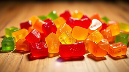 Colorful gummy candies scattered on a wooden surface, vibrant lighting, close-up, soft shadows, stock photo style, no background isolation, candy variety and texture clearly visible.
