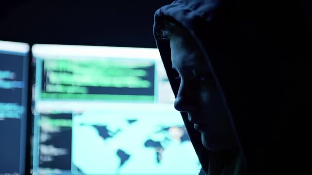 Profile silhouette of person in darkness viewing code and worldmap on screen with blue glow. Cybersecurity professional or hacker focused on digital data with global network information. Technology