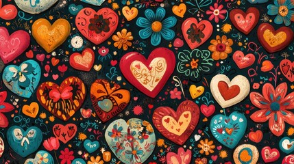 Fototapeta premium A vibrant collage of hearts and flowers in various colors and patterns.