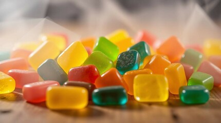 Colorful gummy candies scattered on a wooden surface, vibrant lighting, close-up, soft shadows, stock photo style, no background isolation, candy variety and texture clearly visible.