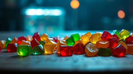 Colorful gummy candies scattered on a wooden surface, vibrant lighting, close-up, soft shadows, stock photo style, no background isolation, candy variety and texture clearly visible.