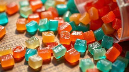 Colorful gummy candies scattered on a wooden surface, vibrant lighting, close-up, soft shadows, stock photo style, no background isolation, candy variety and texture clearly visible.