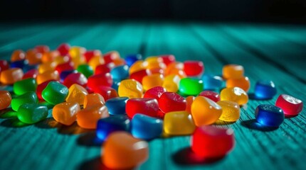 Colorful gummy candies scattered on a wooden surface, vibrant lighting, close-up, soft shadows, stock photo style, no background isolation, candy variety and texture clearly visible.